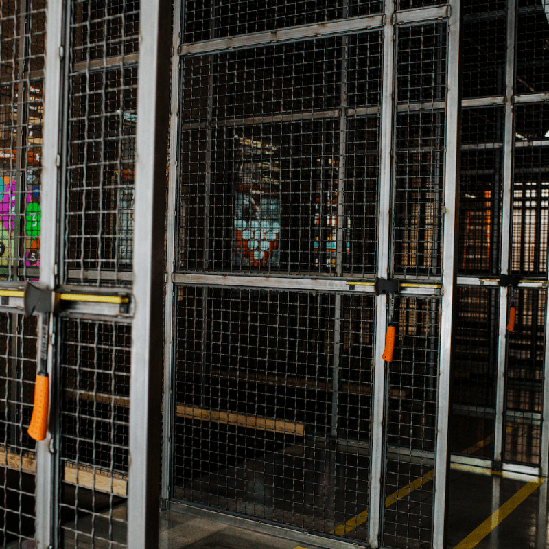 a building with a metal fence